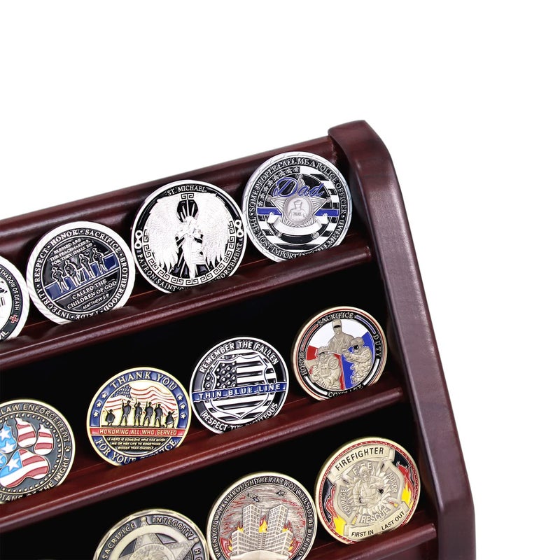 ASmileIndeep 3 Rows Wooden Challenge Coin Wall Display Stand - Military Coin Holder Army Coins Rack, Holds 21-24 Coins, Mahogany - Image 5